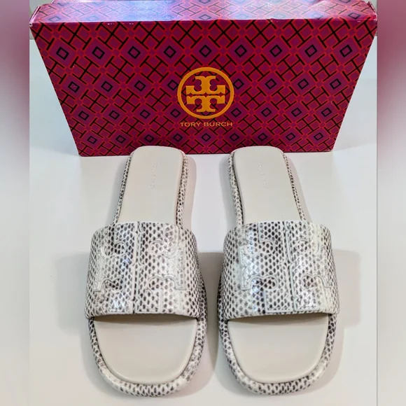 TORY BURCH, Double T Sport Slides, Smoke Roccia, Size 9.5